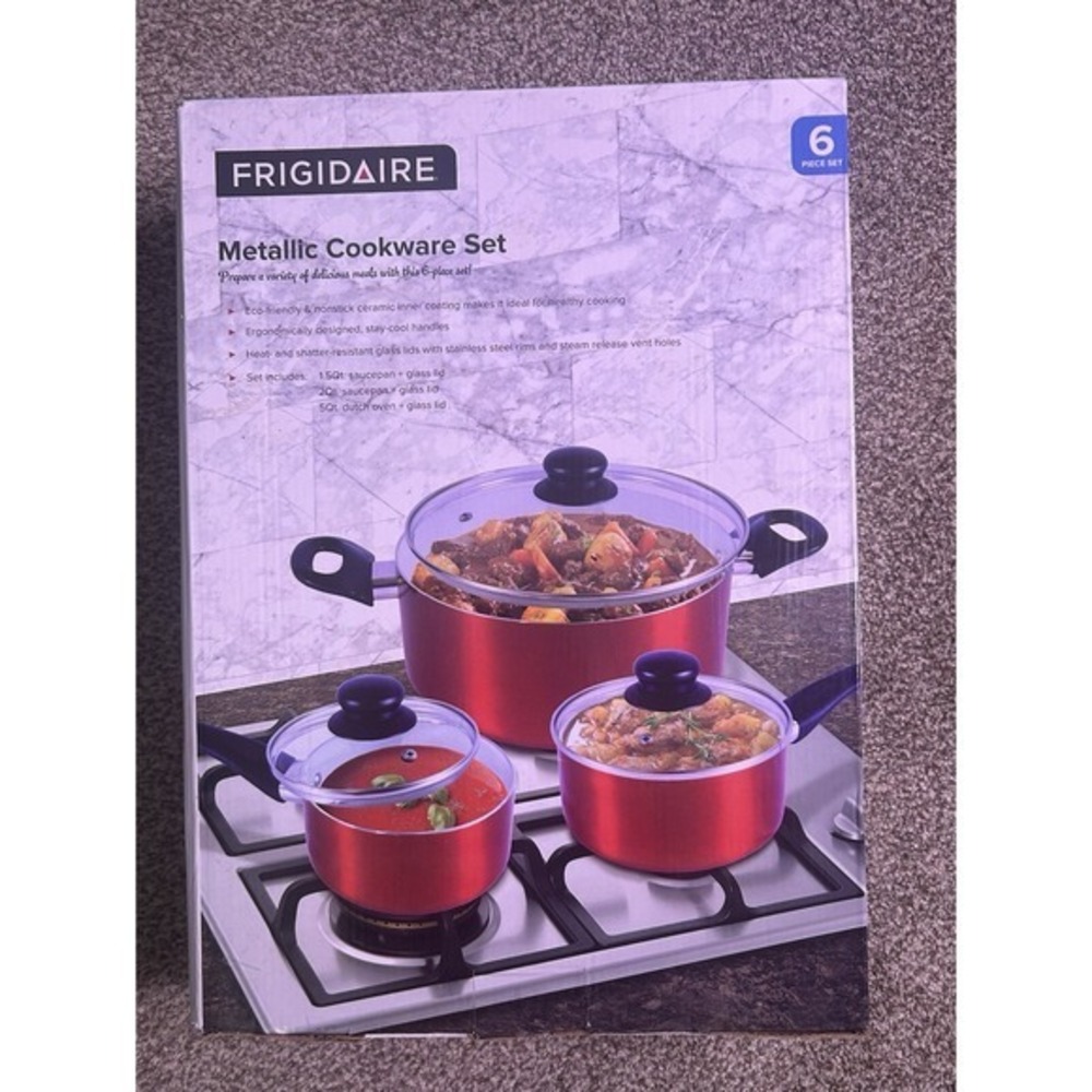 New Frigidaire Metallic Cookware 6 PC Pot Set‎ Red Eco Friendly Nonstick Ceramic